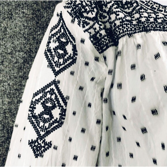 Liz Claiborne Top Women's PXL Poof Embroider Cotton White Black Popover Boho Hip - Picture 4 of 12